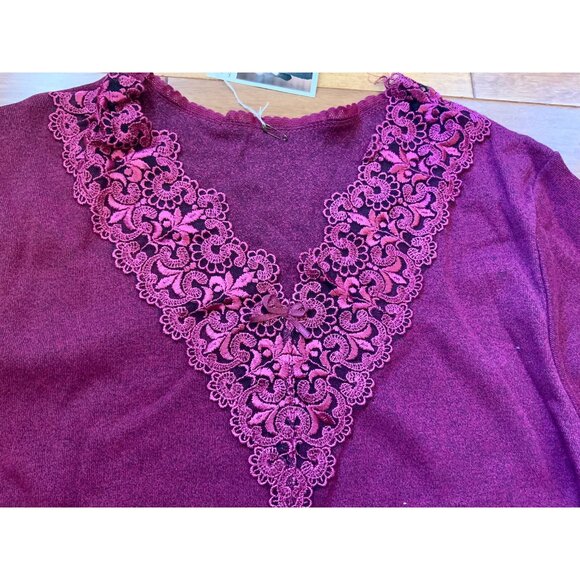 Maroon Lace Trim V-Neck Blouse Top NIP Small, Stretch Knit, Long Sleeves - Picture 4 of 7